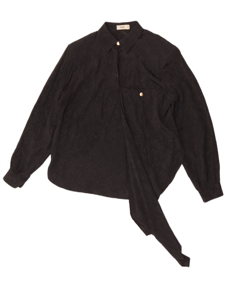 vintage Femme Manches Longues Blouse Top IT 44 Moyen Noir Géométrique