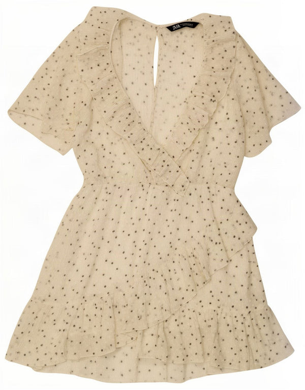 Zara Robe à volants pour femme UK 12 Medium Off White Spotted Polyester