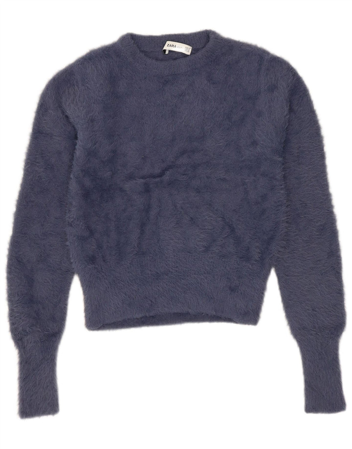 Zara Pull court à col rond pour femme UK 12 en nylon bleu marine moyen