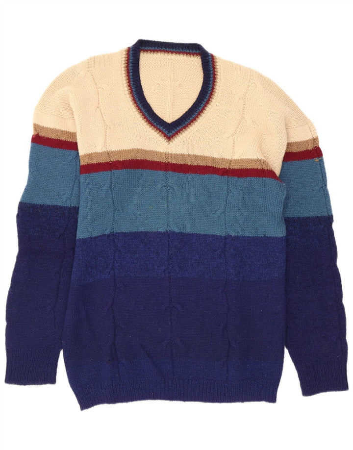 vintage Mens V-Col Jumper Pull Petit Multicolore Rayé