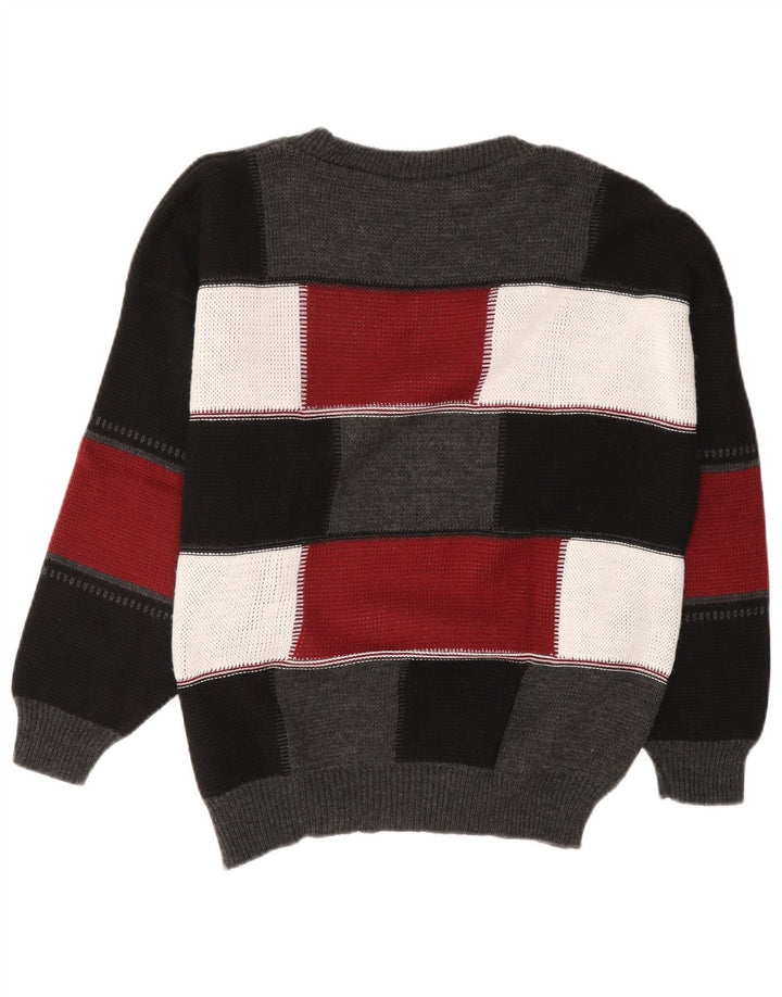 VINTAGE Homme Col Bateau Pull Pull Grand Noir Colorblock Acrylique