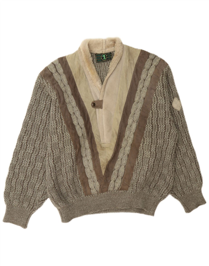 vintage Mens Shawl Neck Jumper Sweater Grande laine colorblock gris