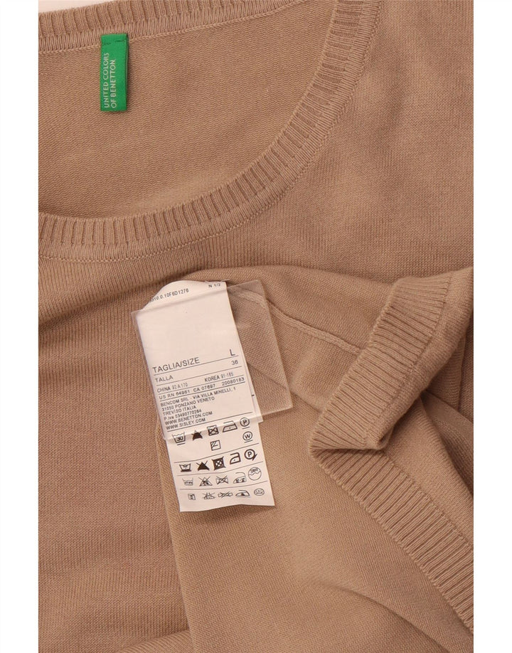 BENETTON Pull coupe slim à col rond pour femme UK 14 Grand coton beige