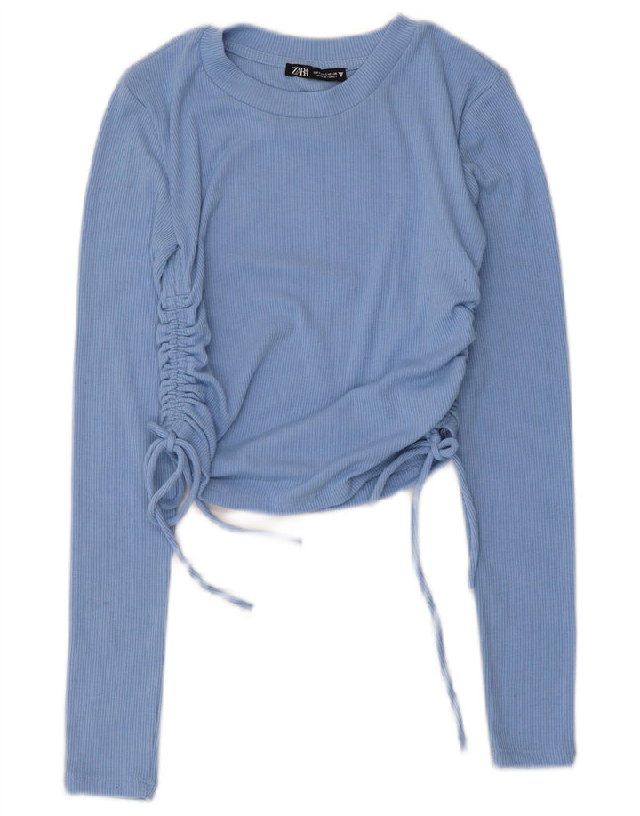 Zara Womens Crop Long Sleeve Blouse Top UK 8 Petit Bleu