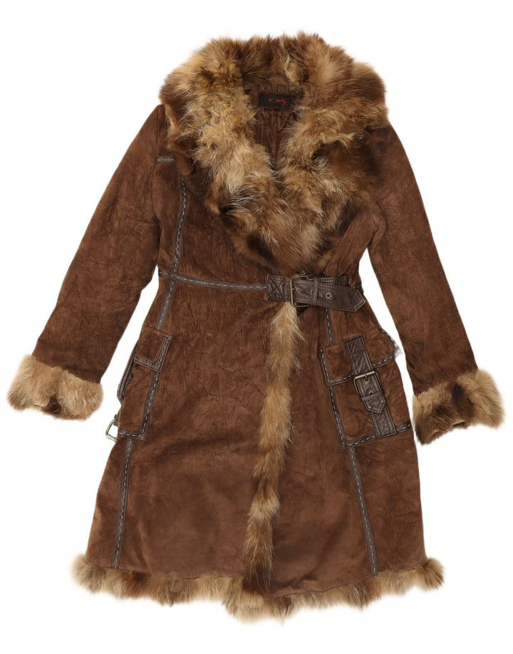 Rene Derhy Manteau en fourrure en daim pour femme UK 14 Cuir marron moyen