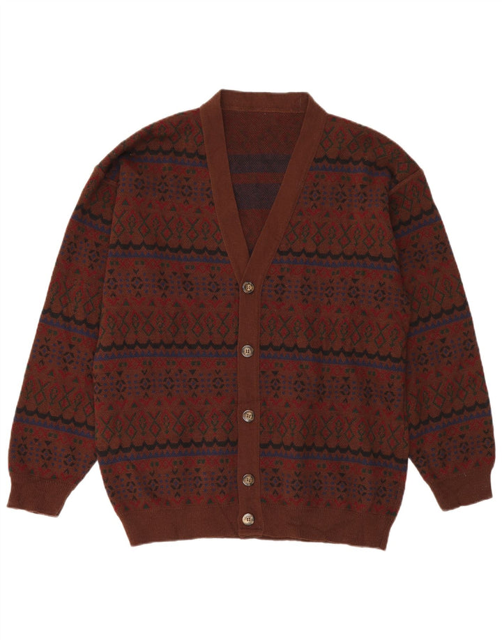 VINTAGE Pull Cardigan Homme XL Marron Fair Isle Acrylique