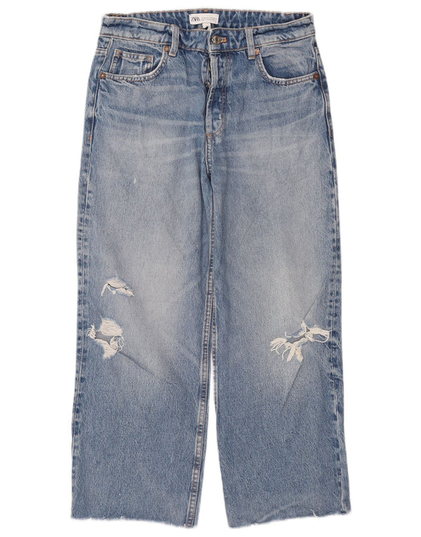 Zara Womens Crop Distressed Loose Jeans EU 36 XS W26 L25 Bleu Coton