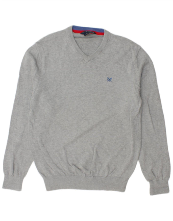 CREW CLOTHING Pull Col V Homme Gris Moyen Moucheté Coton