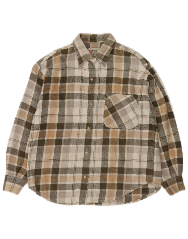vintage Femme Chemise en flanelle surdimensionnée UK 10 Petit coton à carreaux beige