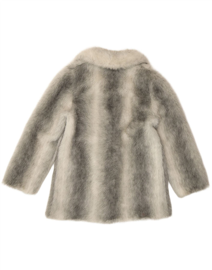 VINTAGE Femmes Fausse Fourrure Pardessus UK 12 Moyen Argent Rayé Modacryl