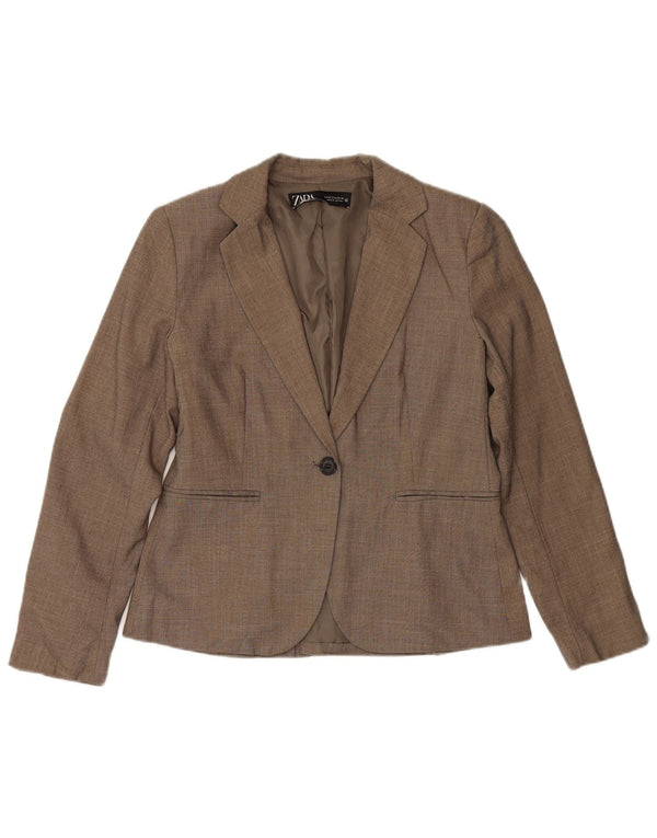 ZARA Femme 1 Bouton Blazer Veste EU 38 Petit Marron Polyester