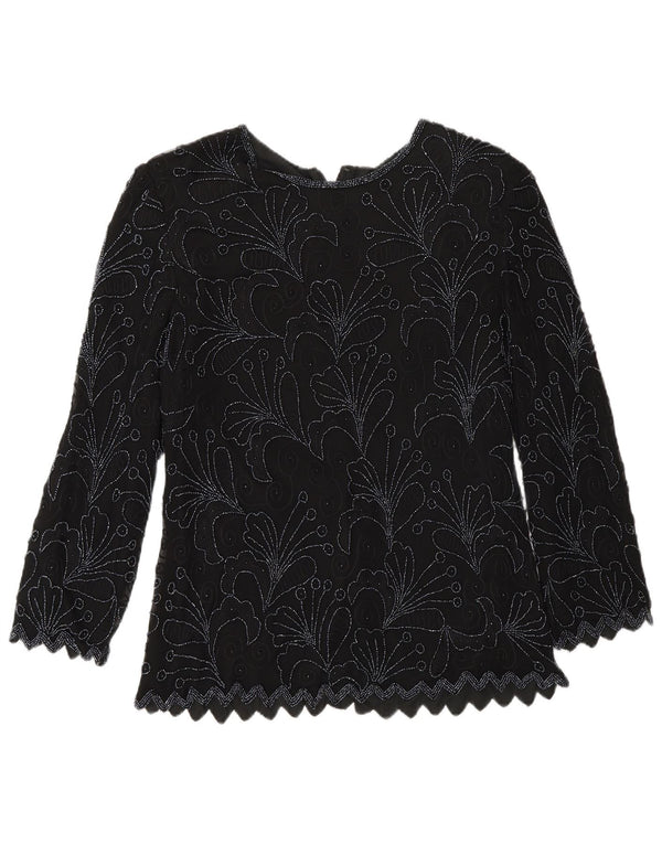 vintage Femmes Manches Longues Blouse Régulière Top UK 8 Petite Soie Florale Noire