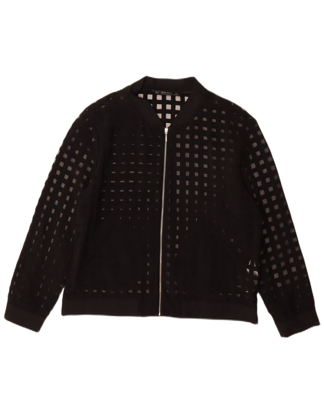 Zara Womens See Through Bomber Jacket UK 16 Large Viscose Géométrique Noir