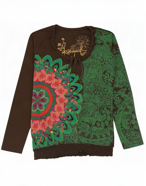Desigual Femme Graphic Top Manches Longues UK 14 Grand Vert Floral Coton