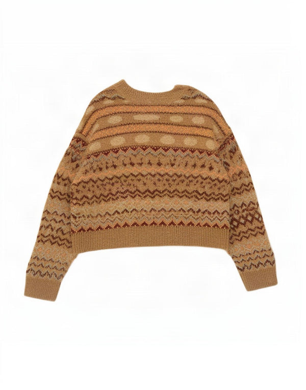 Zara Pull court à col en V pour femme UK 14 Beige moyen Fair Isle