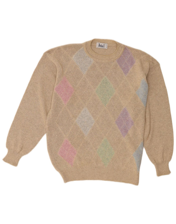 vintage Mens Crew Neck Jumper Pull IT 52 Grand Beige Argyle/Diamant