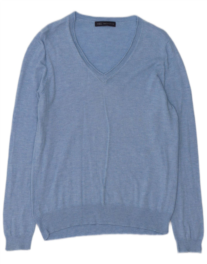 Marks & Spencer Pull col en V pour femme UK 14 Bleu moyen