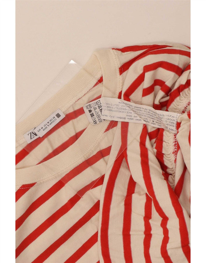 Zara Femme Chemisier Top UK 12 Coton Rayé Rouge Moyen