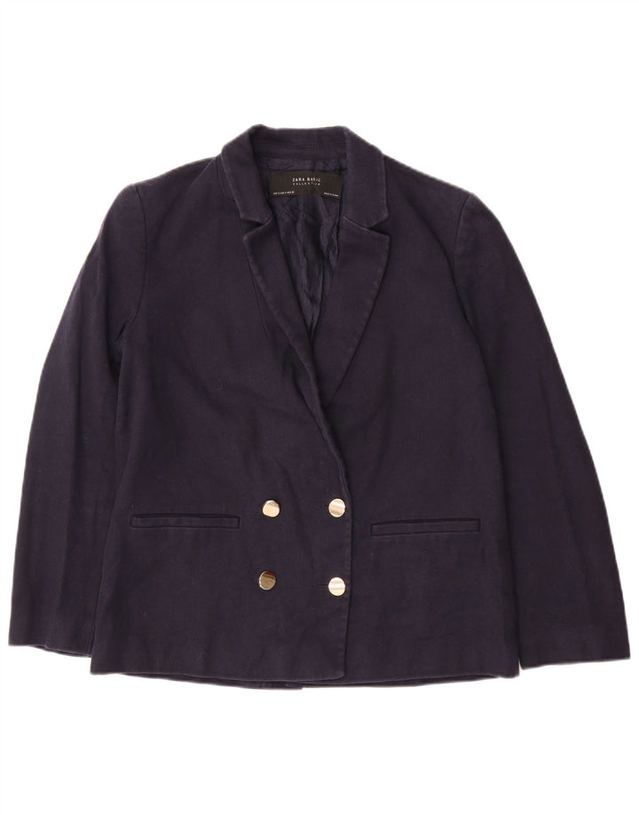 ZARA Femme Double Boutonnage Blazer Veste UK 10 Petit Bleu Marine Coton