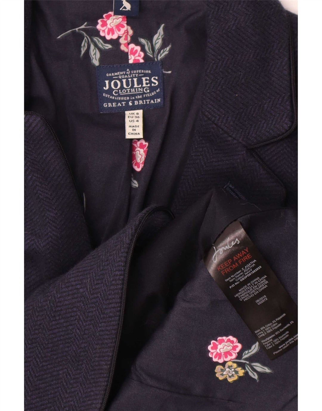 Joules Veste blazer à 2 boutons pour femme UK 8 Petit chevron bleu marine