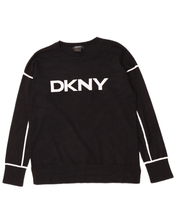 Dkny Pull graphique à col bateau pour femme UK 16 Large Noir Viscose