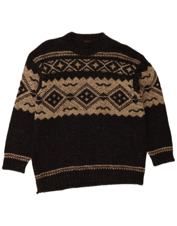 vintage Mens Crew Neck Jumper Pull Grande Gris Fair Isle Laine