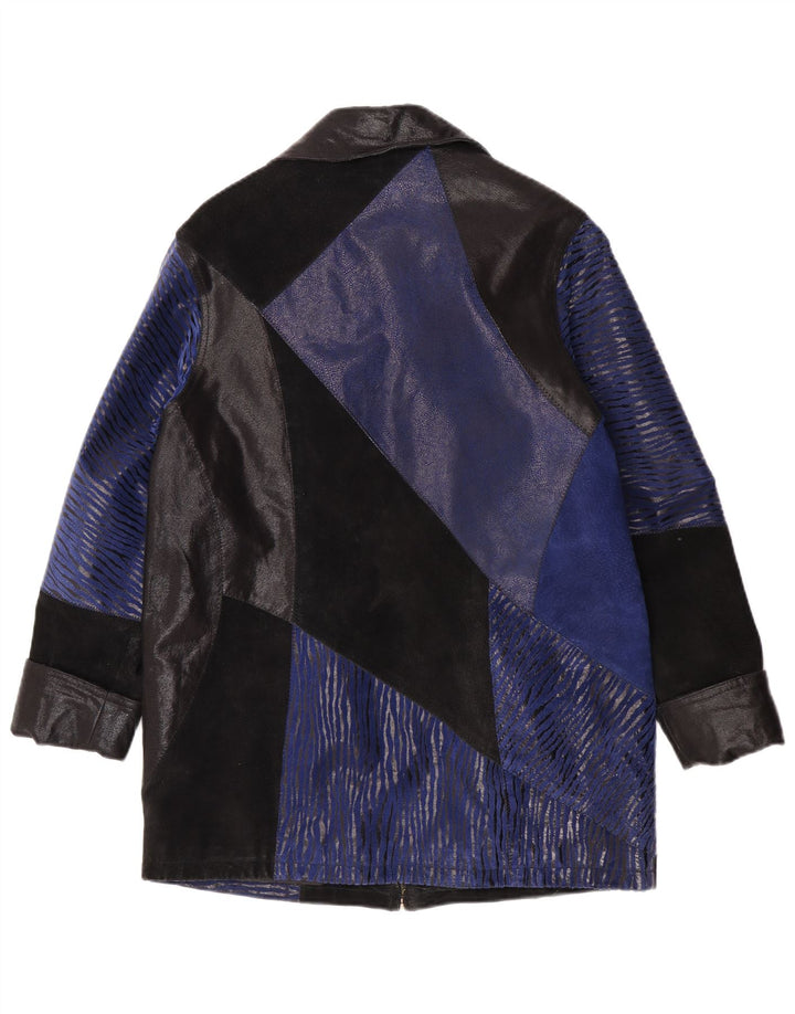 vintage Femme Suède Pardessus UK 12 Cuir Colorblock Bleu Moyen