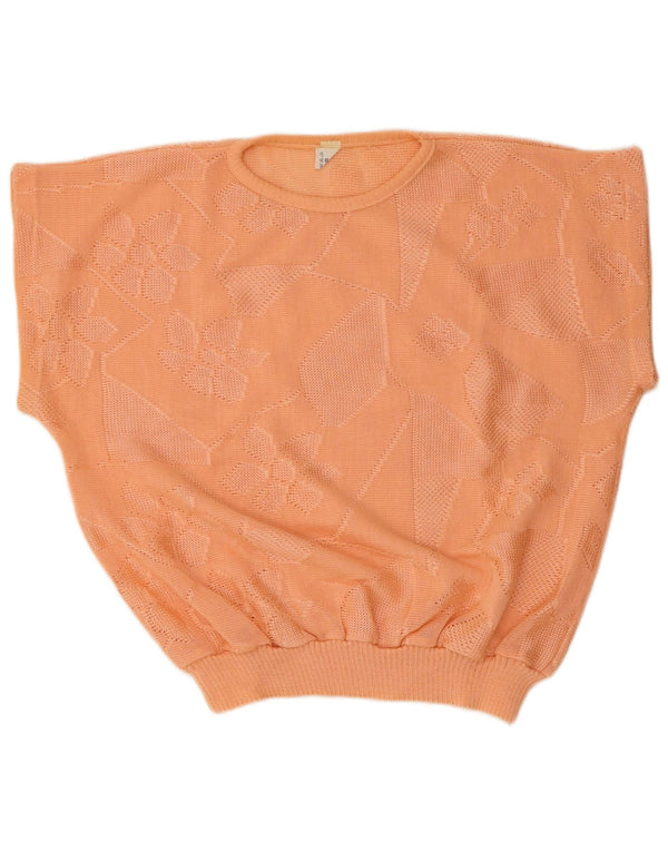 vintage Femmes Manches Courtes Crew Neck Jumper Pull IT 50 XL Orange Floral