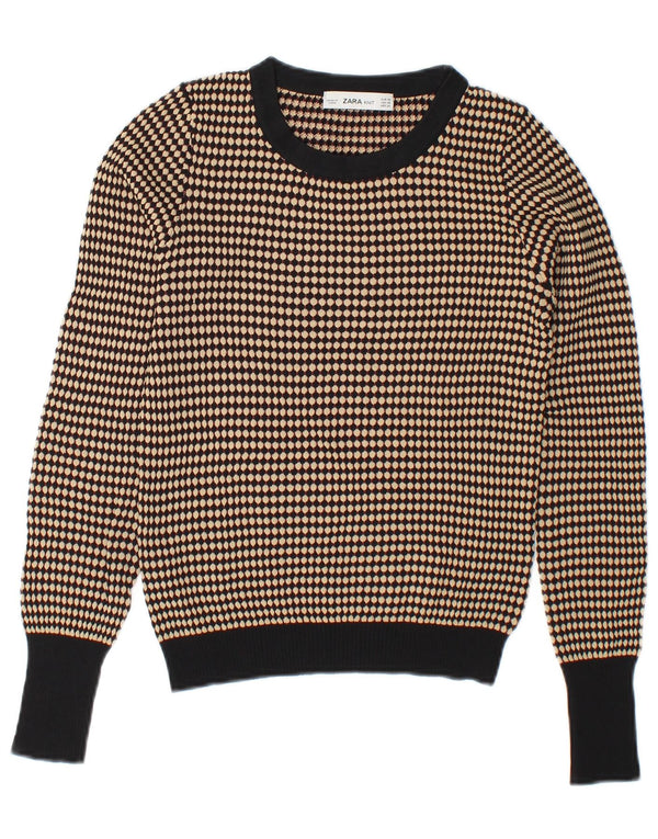 Zara Femme Pull Col Bateau UK 6 XS Beige Géométrique Viscose
