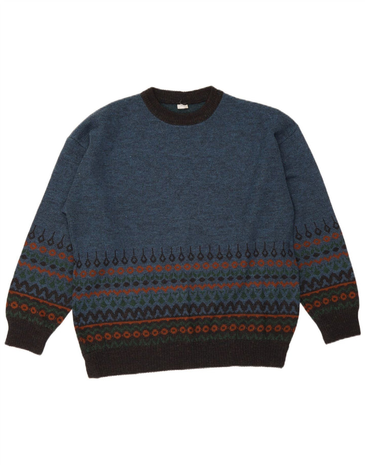 vintage Mens Crew Neck Jumper Pull Bleu Moyen Fair Isle