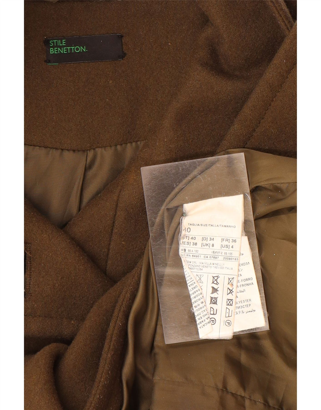 BENETTON Manteau Femme UK 8 Petite Laine Marron