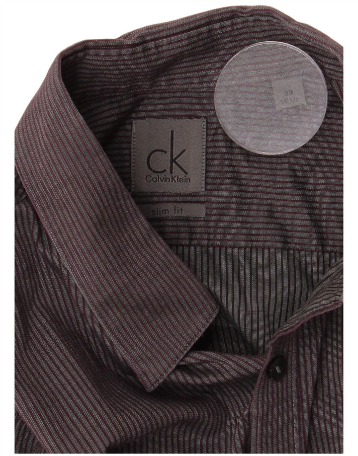 Calvin Klein Chemise slim fit pour homme Taille 39 15 1/2 Gris moyen à fines rayures