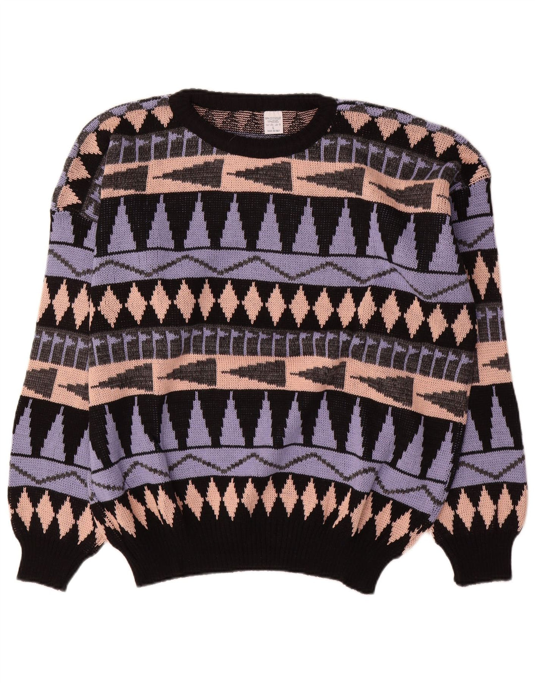vintage Mens Crew Neck Jumper Pull Grand Acrylique Géométrique Multicolore
