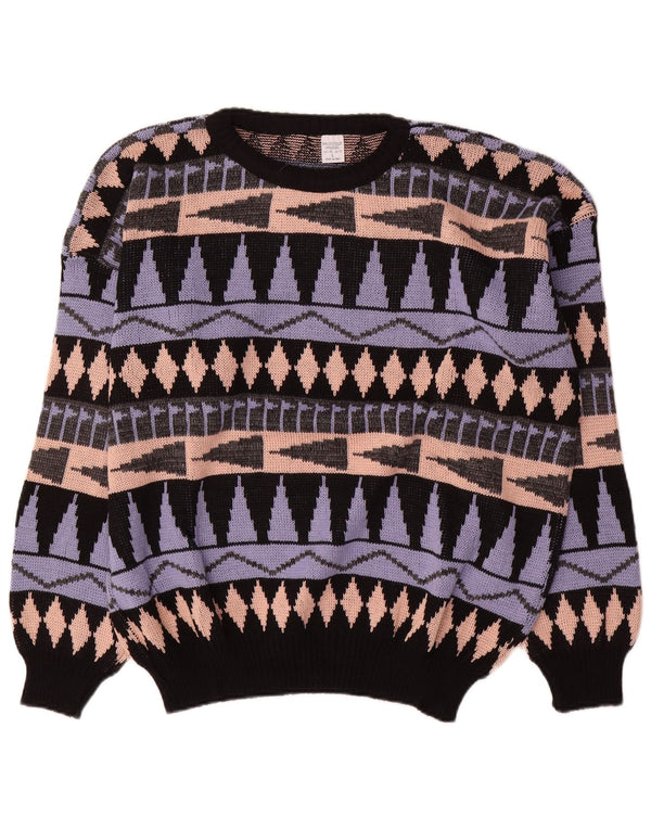 vintage Mens Crew Neck Jumper Pull Grand Acrylique Géométrique Multicolore