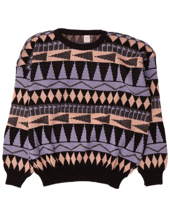 vintage Mens Crew Neck Jumper Pull Grand Acrylique Géométrique Multicolore