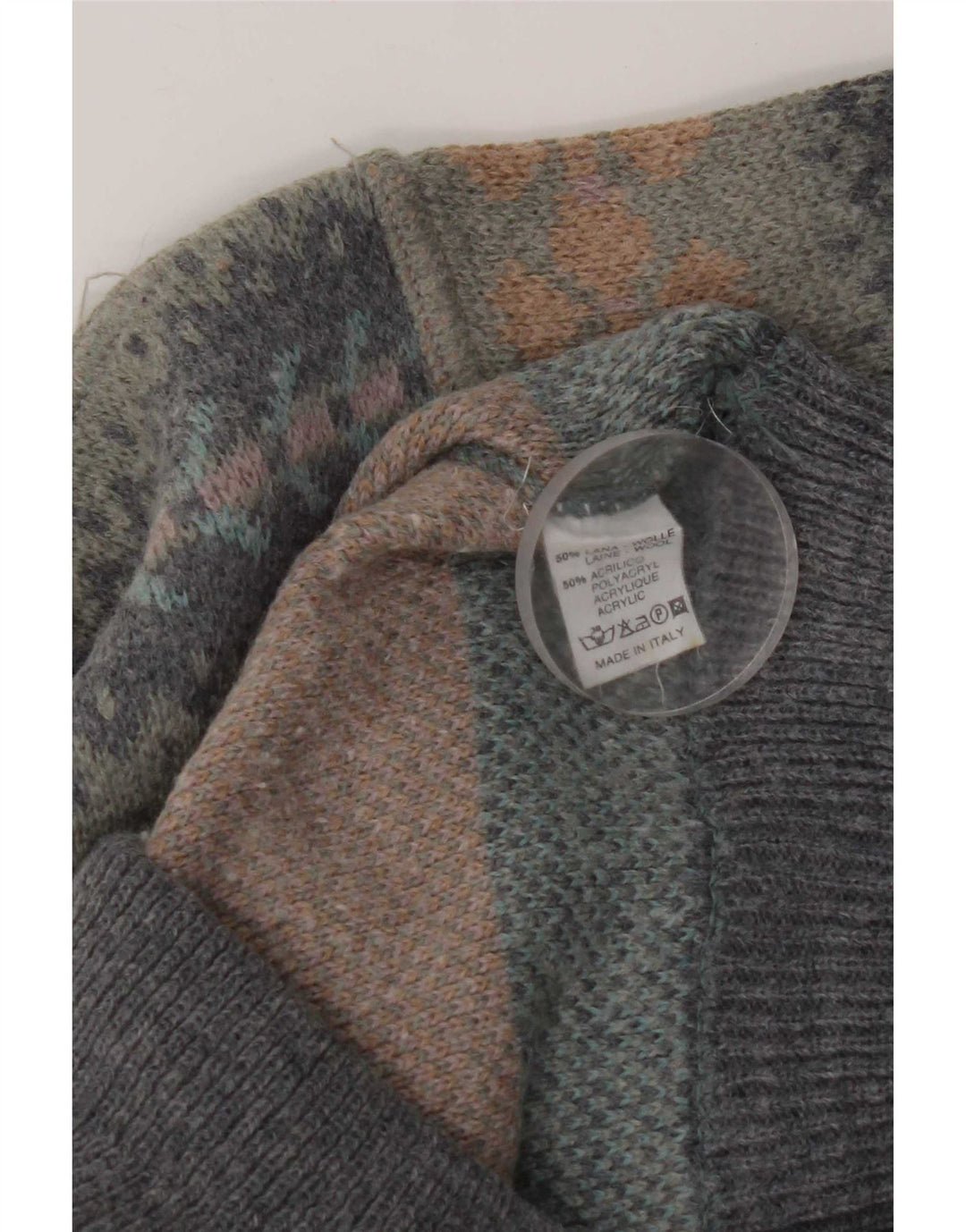 vintage Mens Crew Neck Jumper Pull Grande Gris Fair Isle Laine