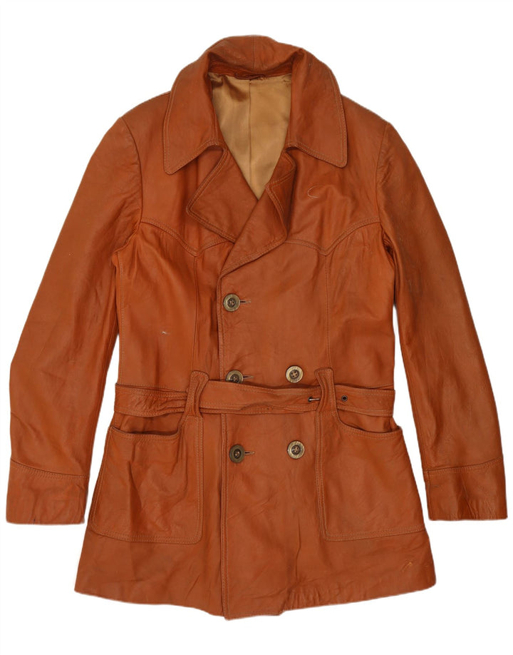 vintage Femmes Double Breasted Manteau en cuir UK 14 Brun Moyen