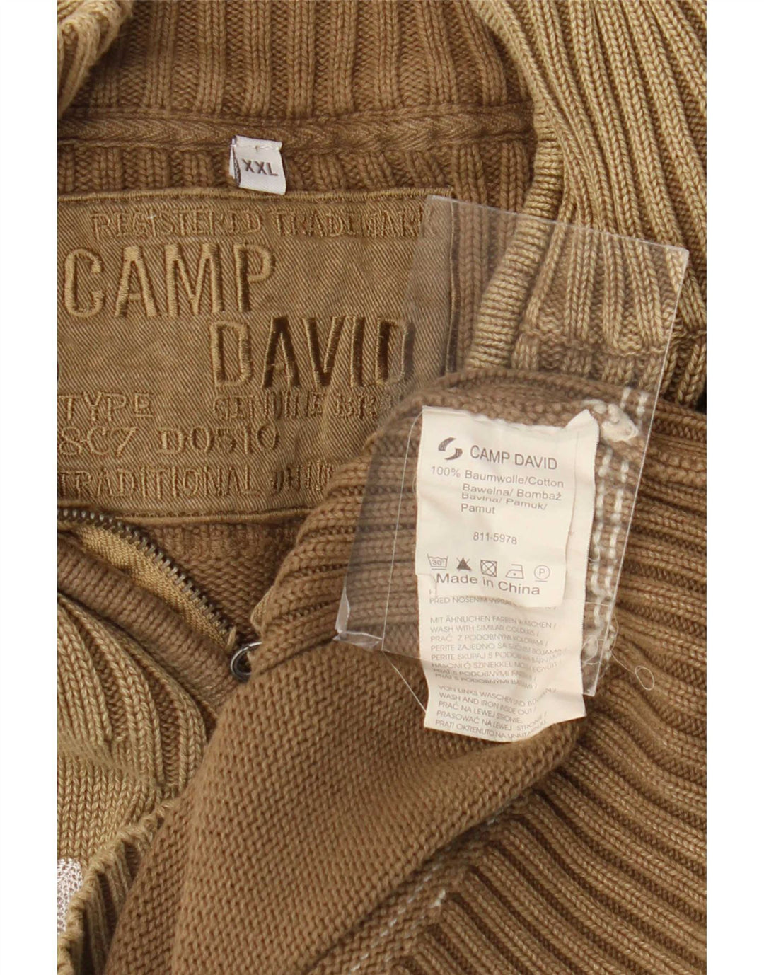 Camp David Pull graphique à col zippé pour homme 2XL en coton marron