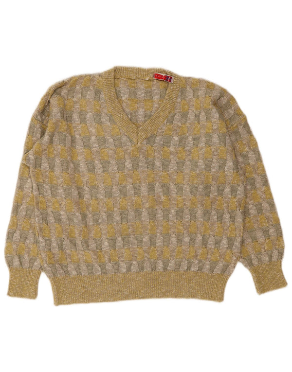 vintage Femmes V-Col Jumper Pull UK 18 XL Jaune Géométrique Lin
