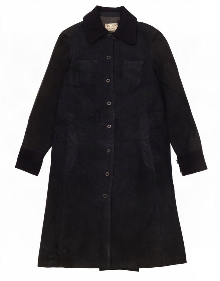 vintage Femme Suède Pardessus UK 10 Petit Bleu Marine