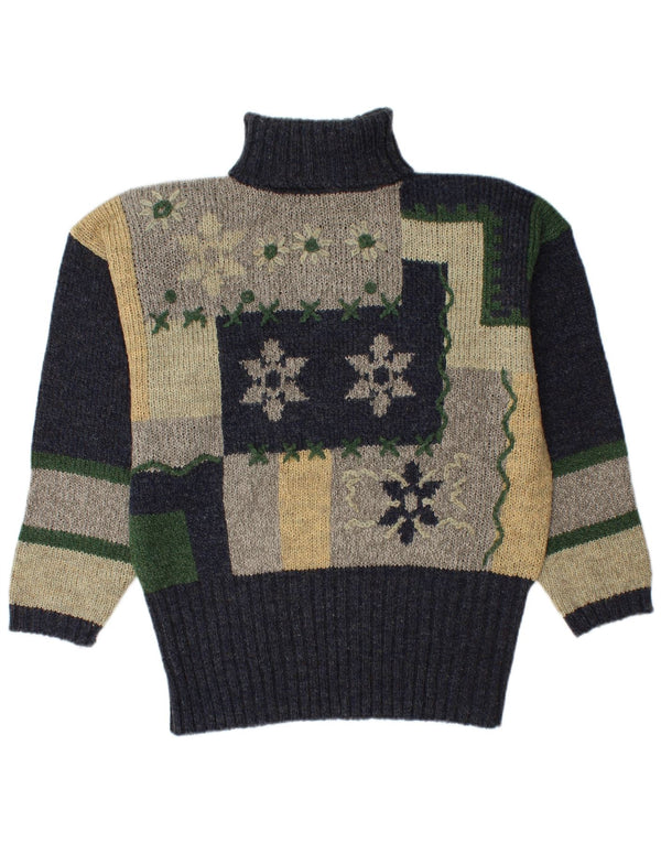 vintage Femme Roll Neck Jumper Pull EU 44 XL Bleu Marine Colourblock