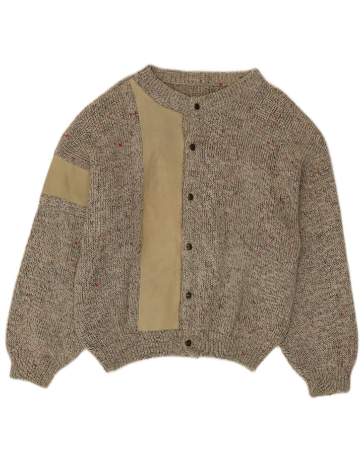 vintage Mens Cardigan Pull Moyen Beige Moucheté Alpaga Laine