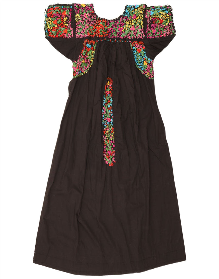 vintage Femme Maxi Robe UK 12 Moyen Noir Floral