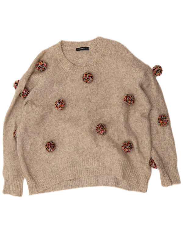 Zara Pull surdimensionné à col bateau pour femme UK 10 Petit Beige Moucheté