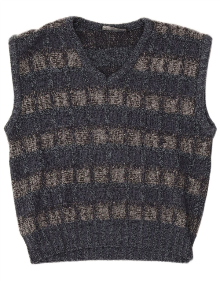 vintage Mens Vest Tank Top Petit Gris Check Acrylique
