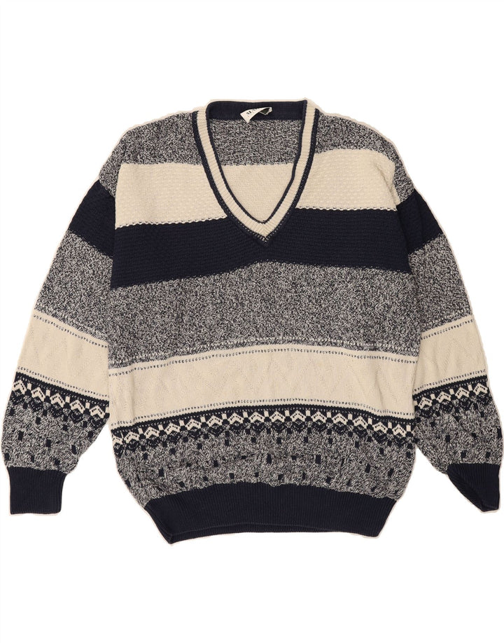 MARZ Mens V-Neck Jumper Sweater IT 52 Large Multicoloured Striped Cotton Vintage Marz and Second-Hand Marz from Messina Hembry 