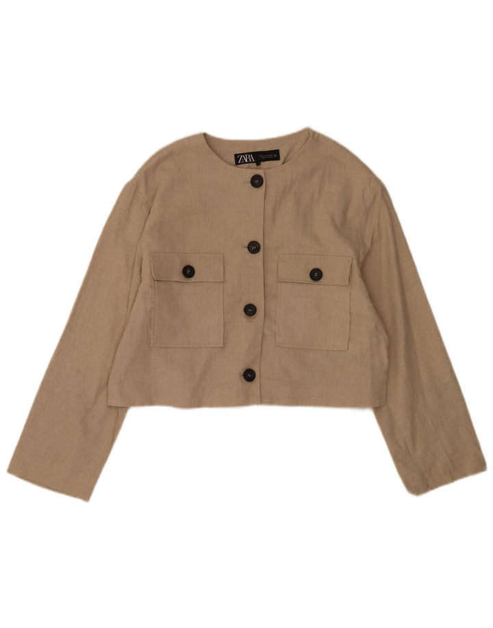 Zara Womens Crop 4 Button Blazer Jacket UK 14 Polyester Beige Moyen