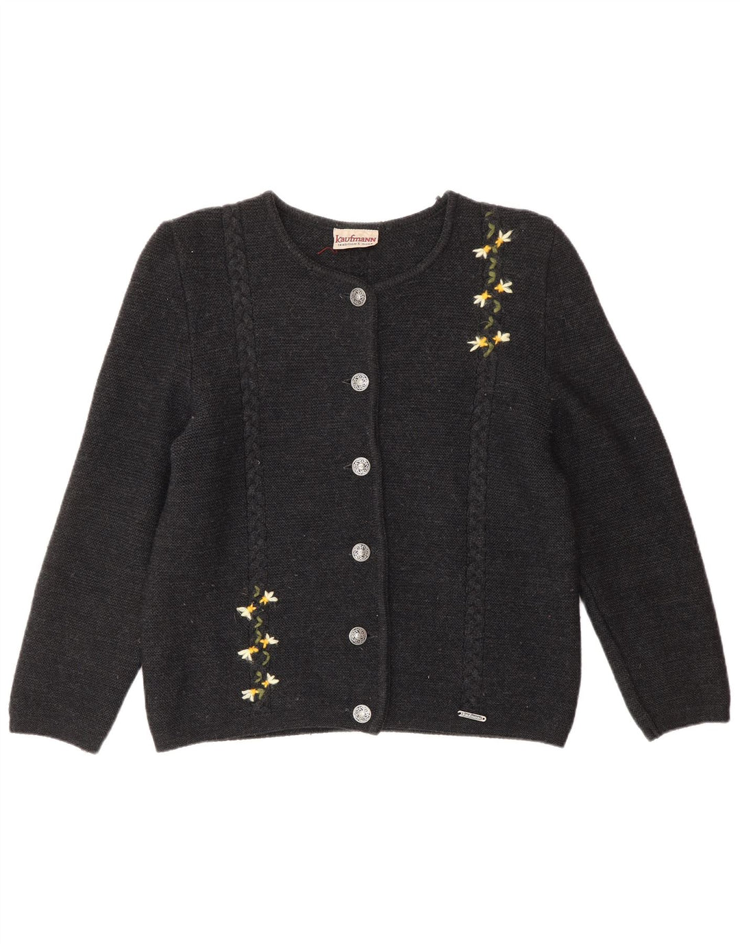 KAUFMANN Femme Cardigan Pull IT 44 Gris Moyen Laine Florale