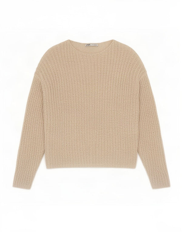 Zara Womens See Through Crochet Boat Neck Jumper Pull UK 14 Beige Moyen
