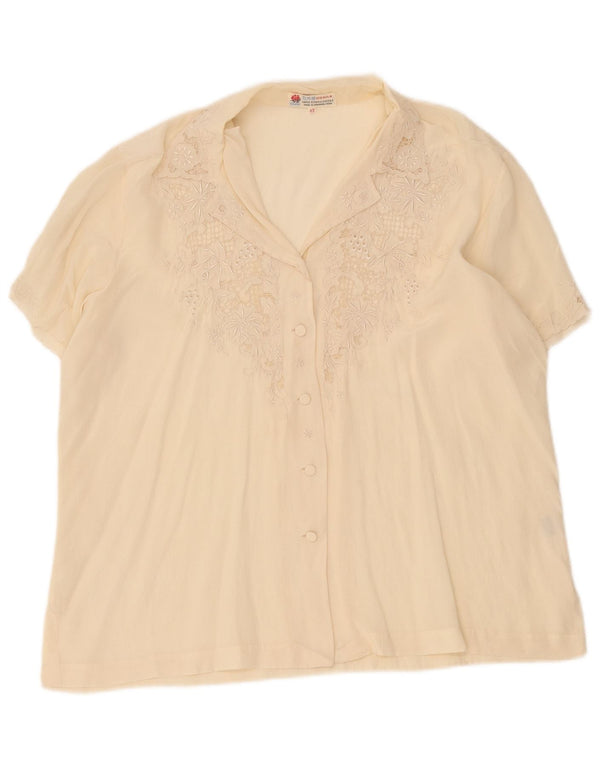 vintage Femme Chemise À Manches Courtes Blouse IT 42 Moyenne Soie Blanc Cassé
